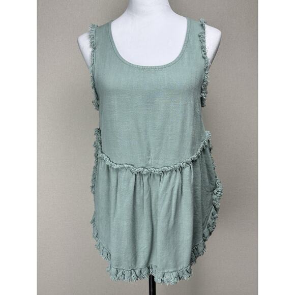 Umgee Linen Cotton Blend Sz S Boho Tank Top Green Raw Fringe Trim Beach Peasant - Picture 1 of 13